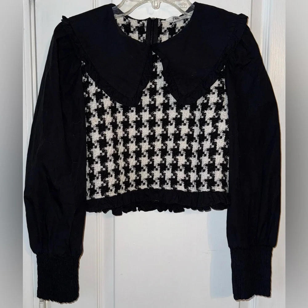 Zara Houndstooth Tweed Peter Pan Collar Cropped Top Size S